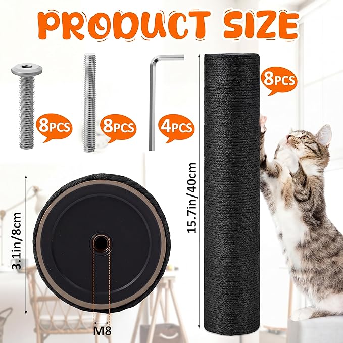 8 Pcs M8 Cat Scratching Post Replacement 15.7x3.1'' Sisal Pole Cat Tree Climbing Post Replacement with Screw Refill Scratcher Pole, Indoor Kitten Tree Tower Spare Furniture Protector (Black)