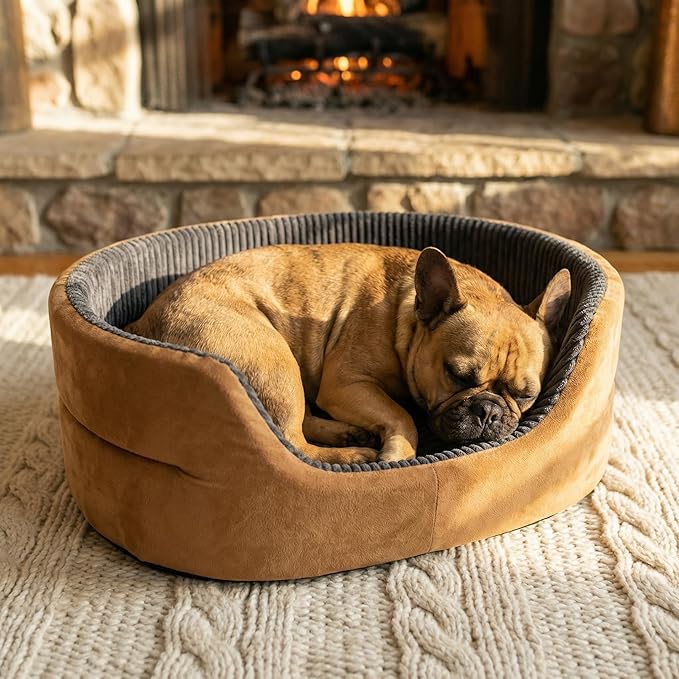 Large Dog Bed Cat Bed 20x30 Inch, Calming Pet Bed for Medium Dogs & Large Cats, Half-Enclosed Open-Top Velvet Anti-Anxiety Bed, Machine Washable Cozy Snuggle Bed (Camel)