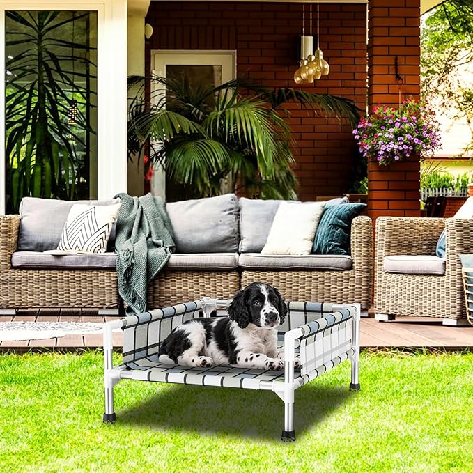 Elevated Raised Outdoor Dog Bed - Cooling Washable Dog Cot with Guardrail, Durable & Breathable Cotton Mesh Pet Hammock Beds with Stainless Steel Pipe Frame for Small Pets (20'' x 20'' x 12'')