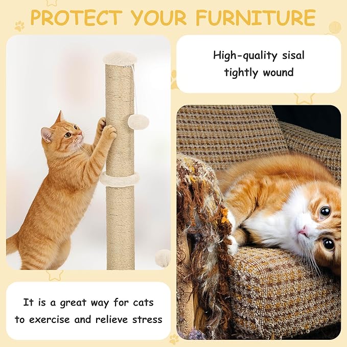 22 Inch Cat Scratching Post Cat Scratcher, Natural Sisal Rope Scratch Post Trees with Hanging Ball for Indoor Kittens
