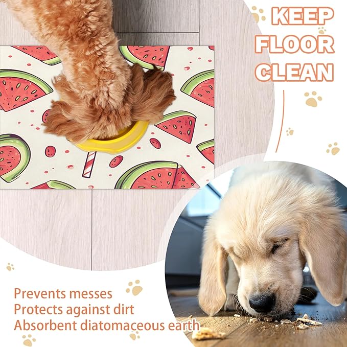 Watermelon Juice Dog Food Mat for Floors Absorbent Dog Bowl Mat for Food and Water Dispenser Quick Dry Cat Food Placemat Pet Supplies 16" x 24", Summer Fruit