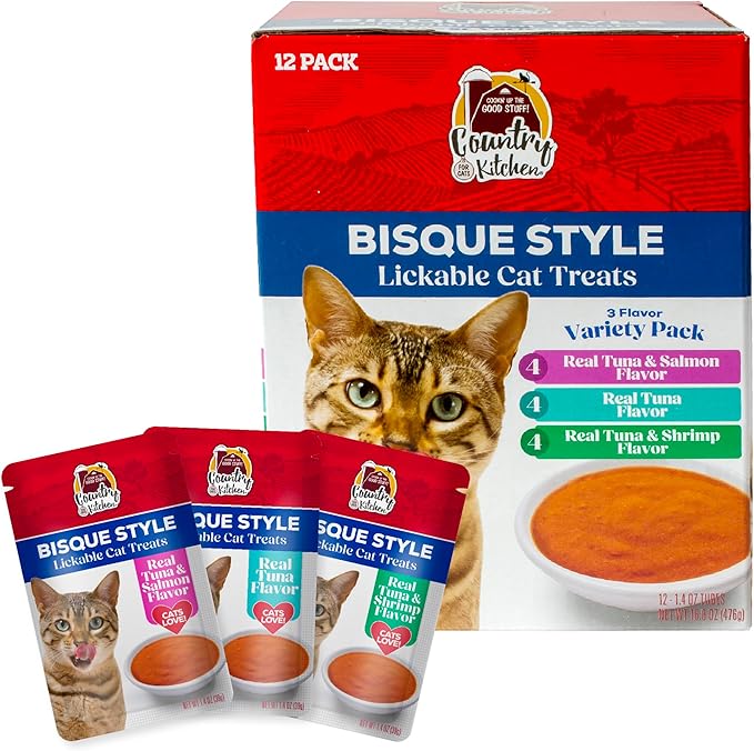Country Kitchen, Bisque Style Lickable Cat Treats, 3 Flavor Variety Pack, Made with Real Tuna, Shrimp and Salmon, 5 oz. Tubes, 12 Count