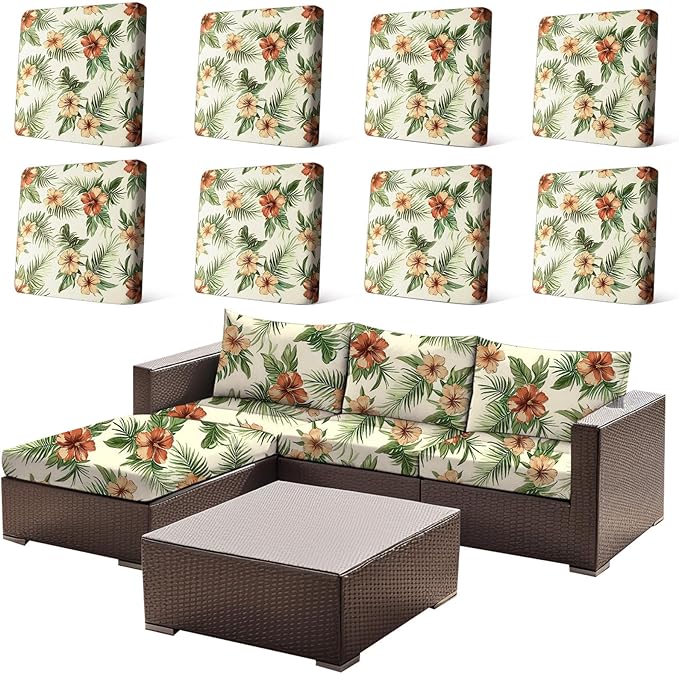 HANDONTIME 8Pcs Outdoor Patio Cushion Covers Floral Leaves Stretch Couch Cushion Cover Patio Couch Slipcover for Outdoor/Indoor Washable Non-Slip Furniture Protector for Pet (Green, Cover Only)
