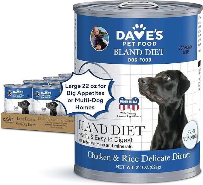 Dave's Dog Food Bland Diet Dog Food for Sick Dogs with Upset Stomach (Chicken & Rice), Economy Size for Large Pups or Big Eaters, Sensitive Stomach, Economy Size 22 oz (Case of 12)