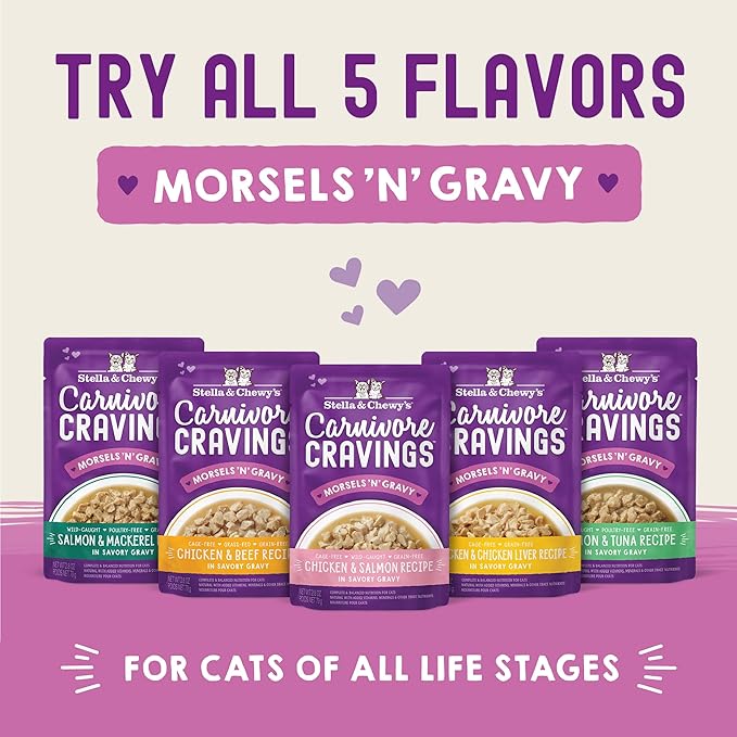 Stella & Chewy's Carnivore Cravings Wet Cat Food Pouches - Premium Salmon & Tuna Recipe - Grain-Free Morsels & Gravy - Perfect for Picky Eaters - Complete Meal or Topper - 2.8oz, 12-Pack
