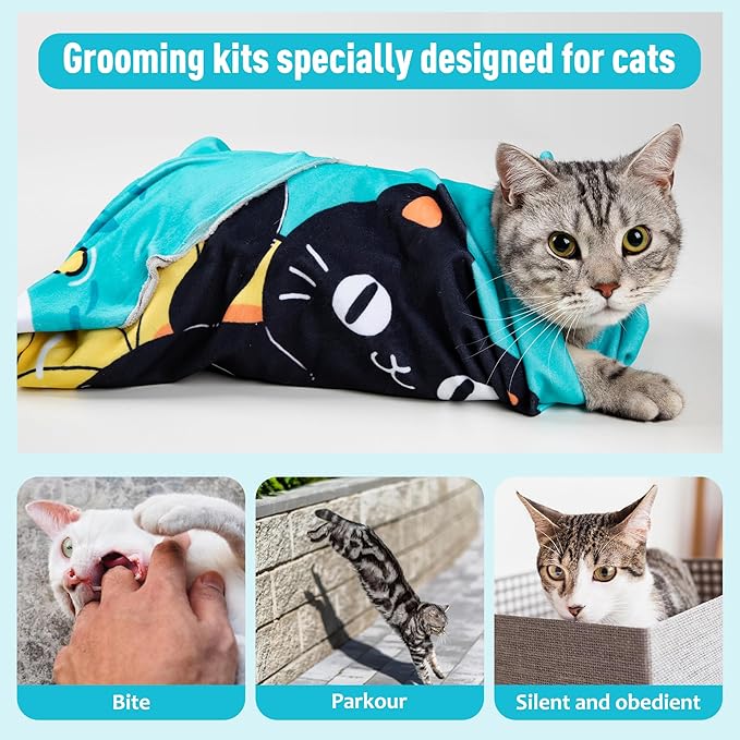 Cat Grooming Wrap27.6"*27.6", Self-Adherent Anti-Scratch Swaddle Restraint, Nail Clipping, Anti-Bite, Anti-Scratch, Anti-Escape Calming Wrap Multifunctional Care Pet Tools L