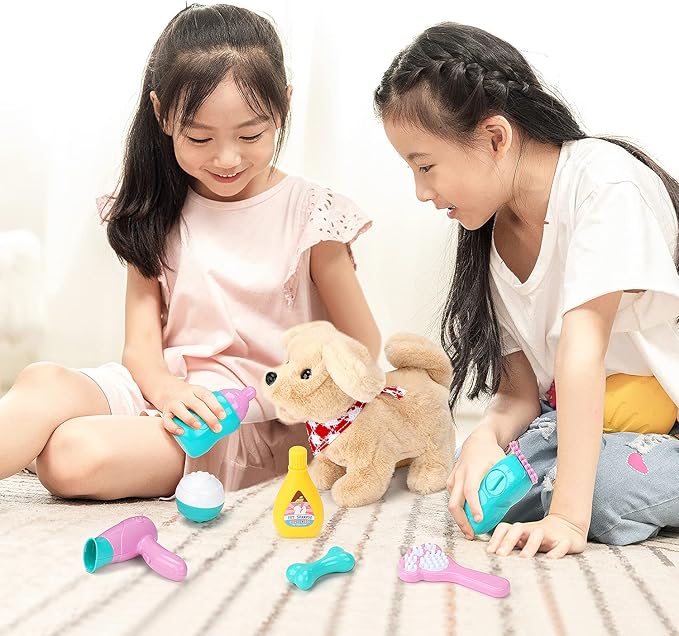 Pet Care Play Set Electric Vet Play Set-Walking ,Barking,Tail Wagging Little Plush Dog Grooming Toys with Puppy Carrier Feeding Dog Educational Toys for Toddler Kids