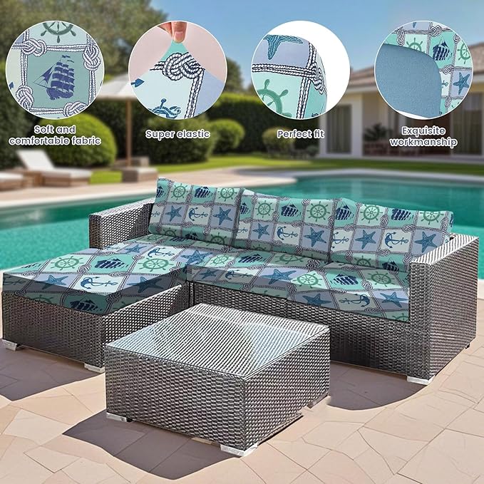 HANDONTIME 8Pcs Outdoor Patio Cushion Covers Anchor Starfish Stretch Couch Cushion Cover Patio Couch Slipcover for Outdoor/Indoor Washable Non-Slip Furniture Protector for Pets (Oceans,Cover Only)