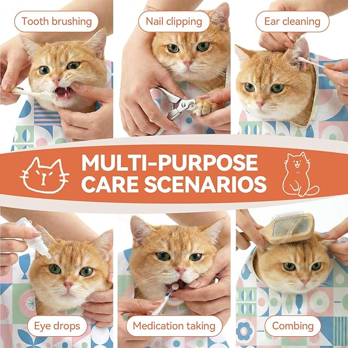 BFNN Cat Grooming Wrap for Cutting Nails, 31.5" Anti-Escape Calming Cat Swaddle Wrap for Medicine, Nail Clipping, Teeth Brushing, Ear Cleaning, Self-Adherent Burrito Restraint, (Geometric Fish, XL)
