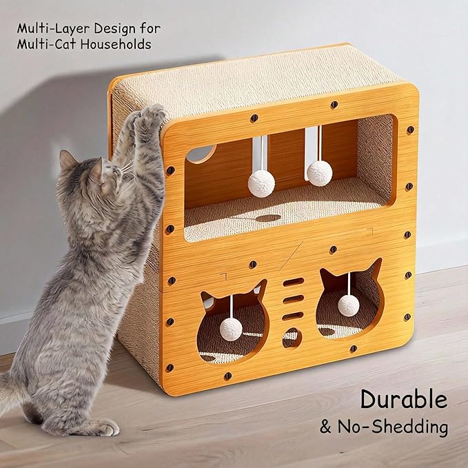 Multi-Function Cat Scratcher House Box,3-in-1 Scratch Pad and Soft Bed & Play Cave with Toys, Durable Build & Ideal for Cats/Kitty (Yellow,MD-CAT2)
