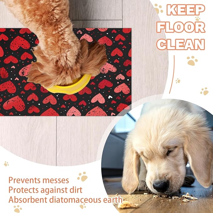 Valentines Dog Food Mat for Floors Absorbent, Quick Dry Water Dispenser Mat for Food, Water, Pet Supplies 24" x 32", Colorful Candy Heart