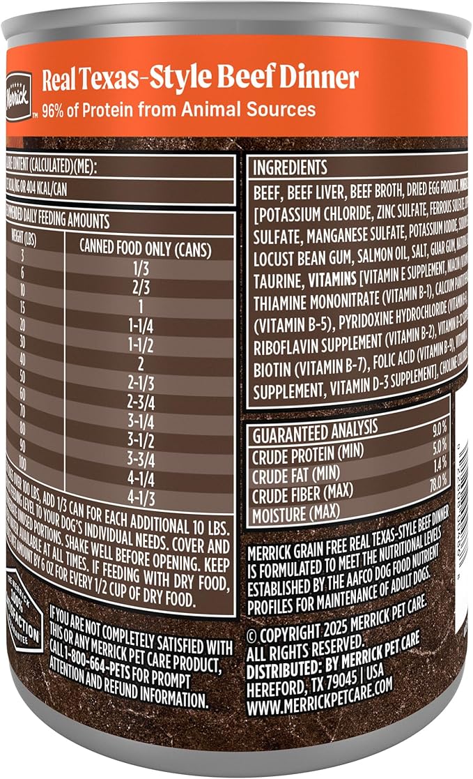 Merrick Grain Free Premium And Natural Canned Dog Food, Soft And Healthy Wet Recipe, Real Texas Beef Dinner - (Pack of 12) 12.7 oz. Cans