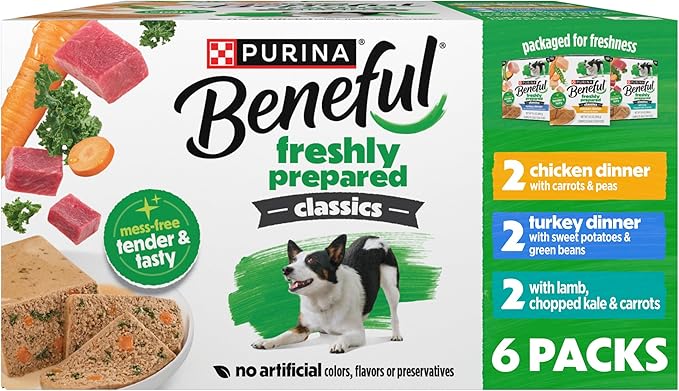 Purina Beneful Freshly Prepared Classics Wet Dog Food Variety Pack with Chicken Dinner, with Turkey or with Lamb - 9.5 oz Carton (Pack of 6)