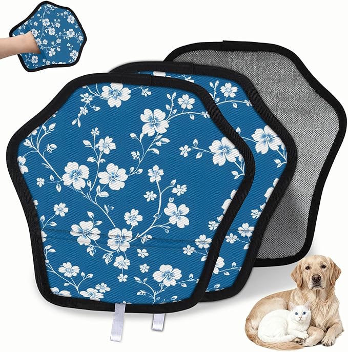 Reusable Pet Hair Removal Glove Flower Floral Print Magic Brush for Cat & Dog Hair Remover for Car, Sofa, Bedding, Clothes - 9x9 Mitt Washable