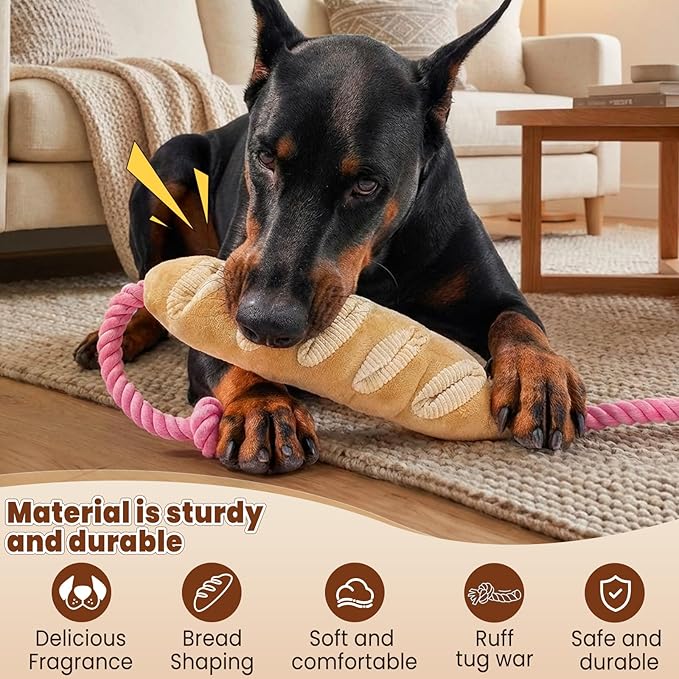 Baguette Dog Snuffle Toy, Interactive Crinkle Plush Chew Toys with Rope for Large Medium Small Dogs, Hide and Seek Treat Dispensing Puzzle for Puppy Boredom Relief, Brain Stimulation Foraging
