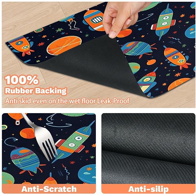 Outer Space Dog Food Mat for Floors Absorbent, Quick Dry Water Dispenser Mat for Food, Water, Pet Supplies 24" x 32", Rocket Planets