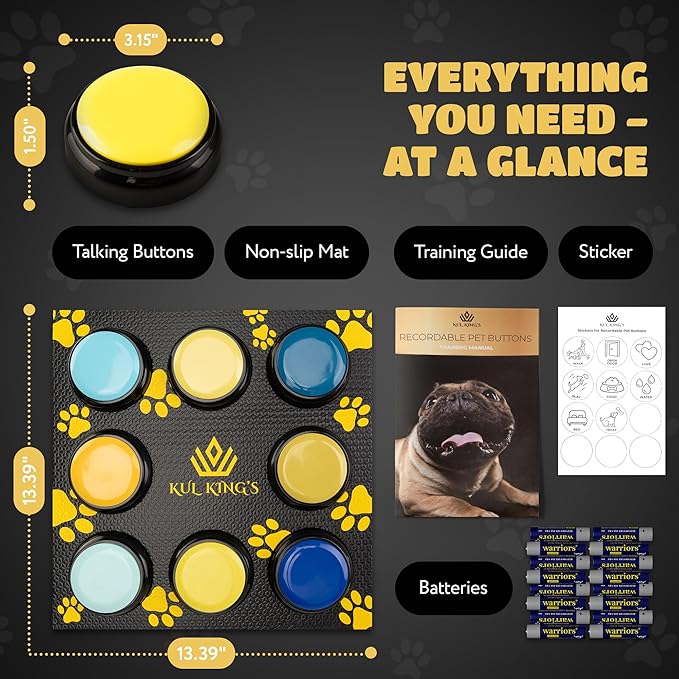 KUL KING'S Waterproof & Non-Slip Dog Command Buttons - 8 Recordable Buttons with Special Training Mat & Guide, Batteries, Stickers - Talking Dog Buttons for Communication