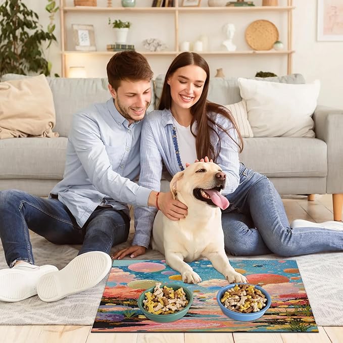 Forest Dog Food Mat for Floors Absorbent, Quick Dry Water Dispenser Mat for Food, Water, Pet Supplies 16" x 24", Watercolor Balloon