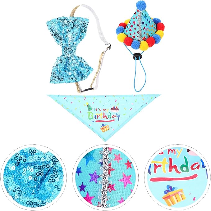 STOBAZA Dog Birthday Party Hat and Scarf Set Blue Cotton Bandana and Birthday Hat for Dogs Pet Decoration Accessories for Supplies
