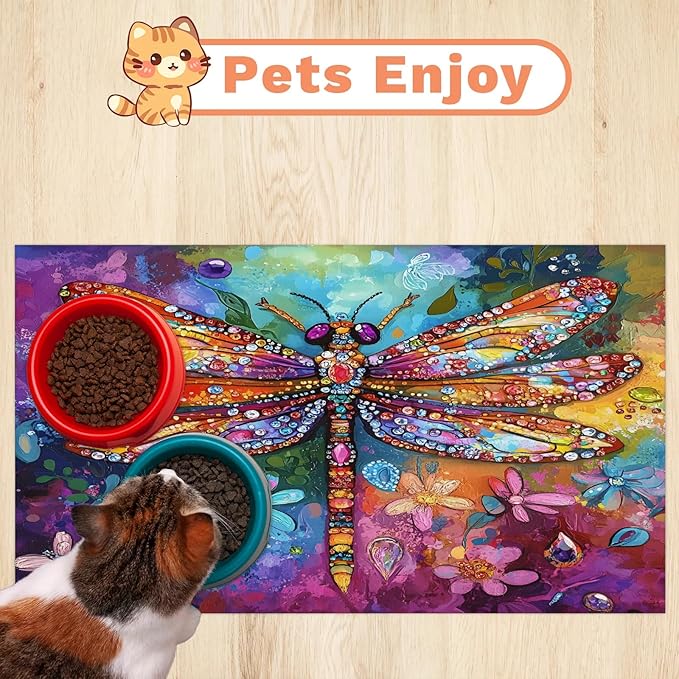 Watercolor Dragonfly Dog Food Mat for Floors Absorbent, Quick Dry Water Dispenser Mat for Food, Water, Pet Supplies 16" x 24", Floral
