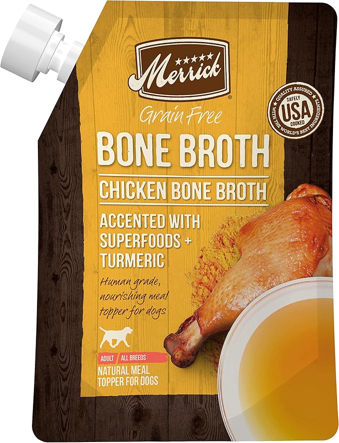Merrick Grain Free Bone Broth Natural Meal Topper for Dogs, Accented with Superfoods & Cinnamon, for Adult Dogs of All Breeds (Chicken, 16 Ounce,Pack of 3)