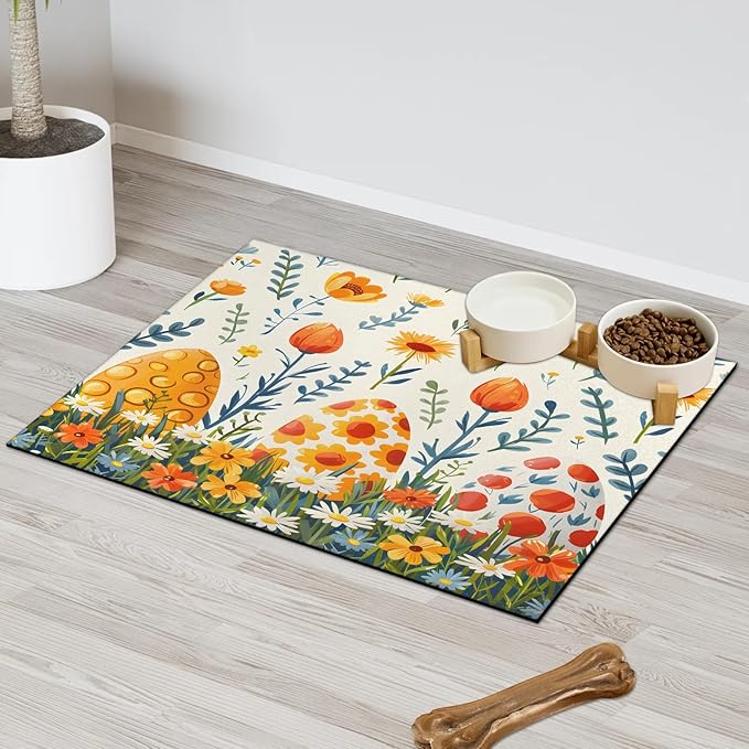 Easter Eggs Dog Food Mat for Floors Absorbent Dog Bowl Mat for Food and Water Dispenser Quick Dry Cat Food Placemat Pet Supplies 17" x 30", Wildflower