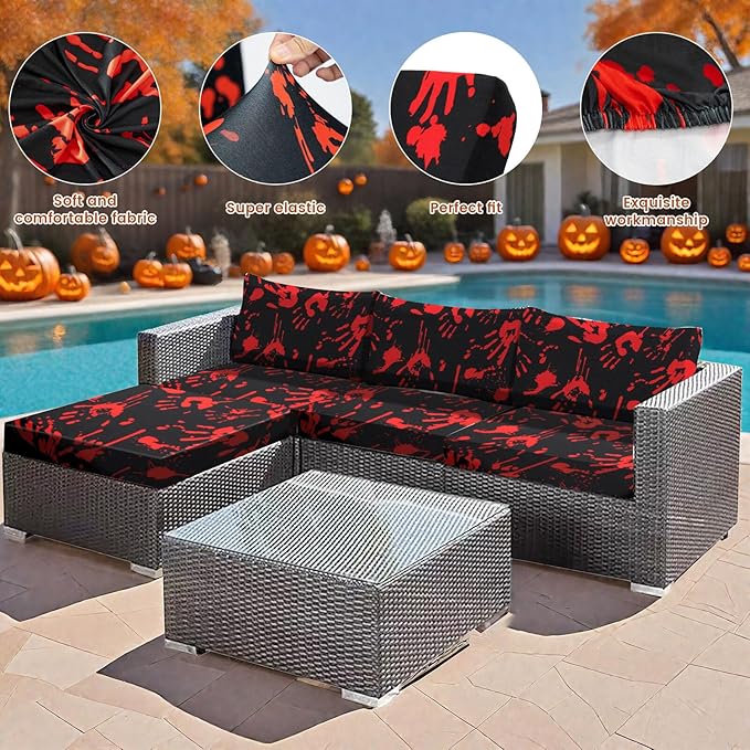 HANDONTIME 8Pcs Halloween Patio Cushion Covers Stretch Couch Covers Black and Red Abstract Replacement Cushions for Outdoor Halloween Patio Furniture Covers for Pets Sofa Covers Washable, Cover Only