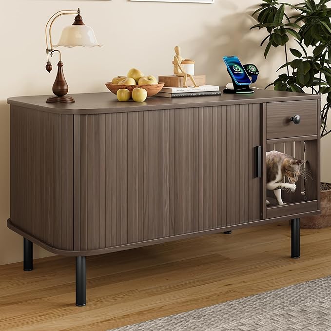 37.4" Cat Litter Box Enclosure with Sliding Door Hidden Cat Litter Box Enclosure and End Table with Drawer Charging Station Modern Accent Cabinet Indoor Kitty House for Living Room Bedroom Brown