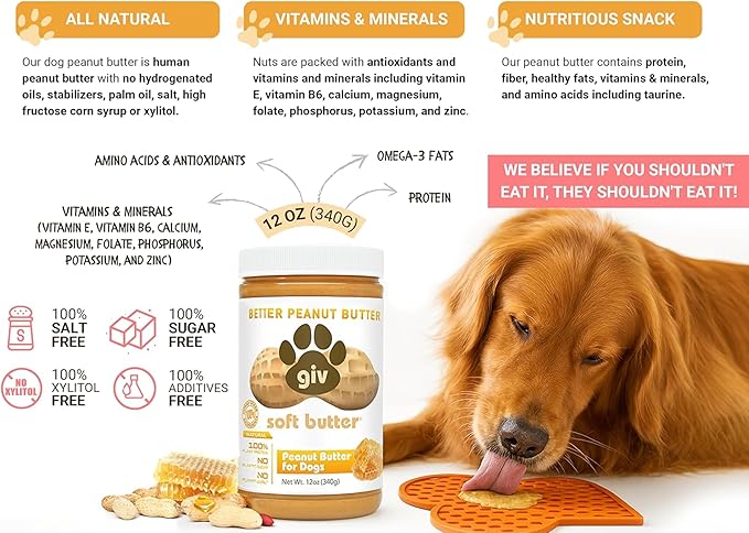 Dog Peanut Butter - All Natural Human Grade - 2 Ingredients (Peanuts & Honey) - Perfect for Pill Pockets, Lick Mat, Training Treats and Healthy Food, 4oz Pouches (6 Count)