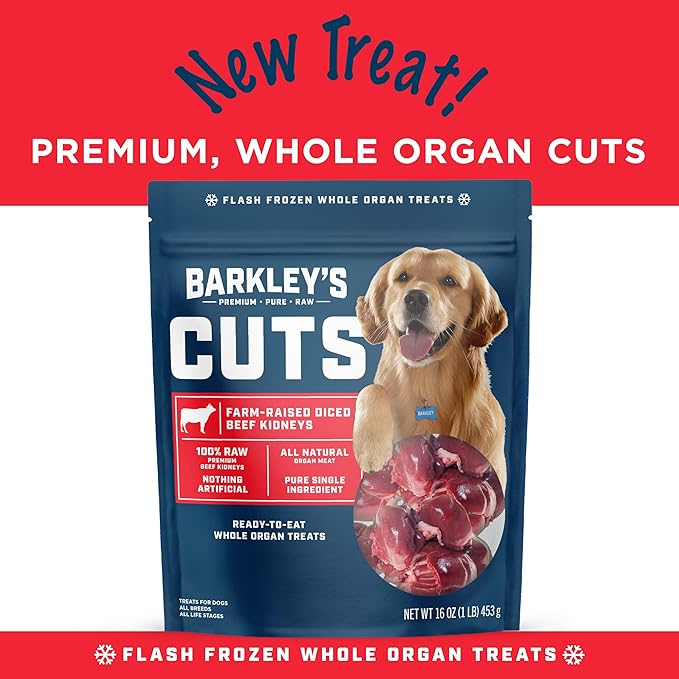 Barkley’s Cuts, Frozen Raw Sliced Beef Kidney Dog Treats, Single Ingredient, Flash Frozen, High Protein Training Treats and Food Toppers for Puppies and Dogs, Human Grade Ingredients, 16 Oz Bag
