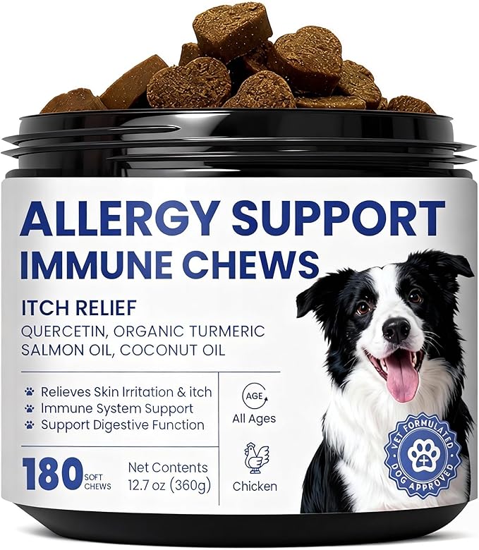 Dog Allergy Skin Relief Chews for Hotspot & Dry Skin, Itchy Skin Relief Supplement for Dog Paw Licking, Anti-Itch Soft Chews with Colostrum-Fish Oil-Probiotic to Boost Immune System 180ct
