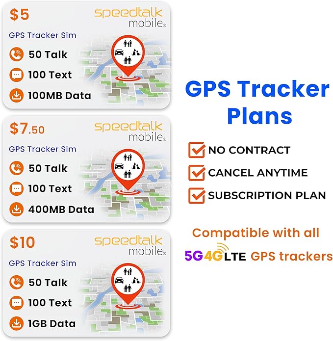SpeedTalk Mobile $5Prepaid SIM Card for 5G 4G LTE GPS Trackers for Pet s, Kids, Senior, Vehicle OBD, IoT, Car Tracker Devices | 30 Days Wireless Service in The USA
