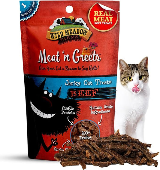 Wild Meadow Farms - Cat Treats - Meat 'N Greets - Soft Jerky Treats with Real Meat, High Protein, Grain-Free, Perfect for Training & Rewarding, All Natural Snacks for Cats - Beef Flavor
