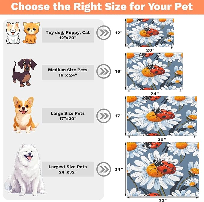 Red Ladybird Dog Food Mat for Floors Absorbent, Quick Dry Water Dispenser Mat for Food, Water, Pet Supplies 16" x 24", Daisy Flower