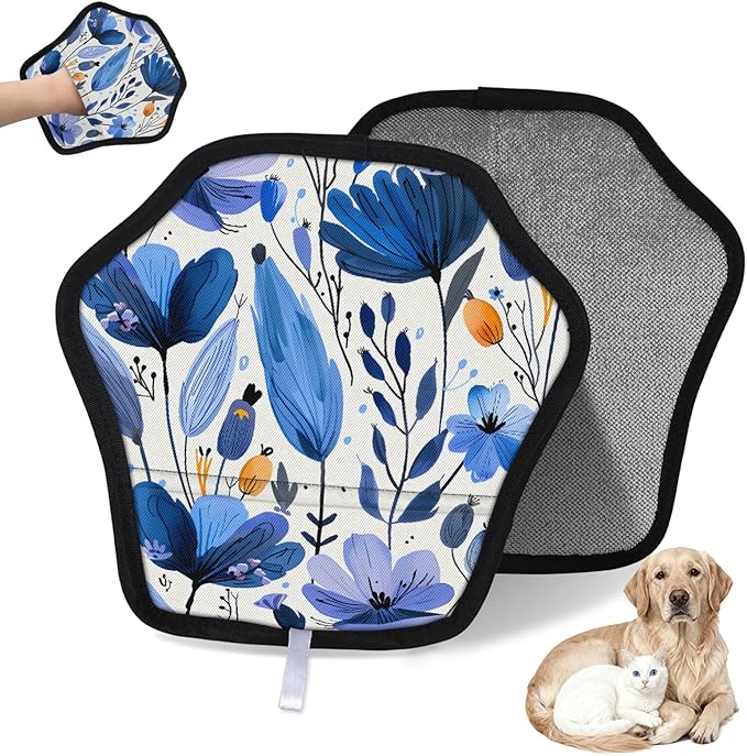 Reusable Pet Hair Removal Glove Blue Flowers Floral Magic Brush for Cat & Dog Hair Remover for Car, Sofa, Bedding, Clothes - 9x9 Mitt Washable