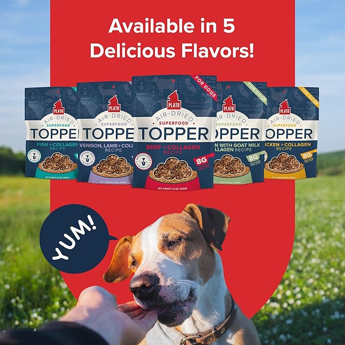 Plato Pet Treats Dog Food Toppers - Air-Dried Dog Food Toppers for Dry Food - with Collagen to Support Skin and Coat Health - Beef and Collagen Recipe 12oz