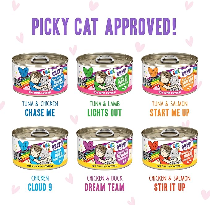 Weruva B.F.F. OMG - Best Feline Friend Oh My Gravy! Cupid's Crush Natural Grain-Free Wet Cat Food Variety Pack, 2.8oz Can (Pack of 18)