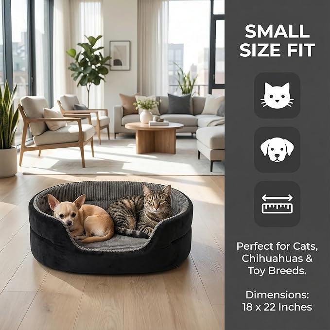 Medium Dog Bed Cat Bed 18x26 Inch, Calming Pet Bed for Small Dogs & Cats, Half-Enclosed Open-Top Velvet Anti-Anxiety Bed, Machine Washable Cozy Snuggle Bed (Black)