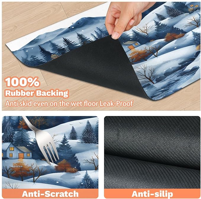 Village Dog Food Mat for Floors Absorbent, Quick Dry Water Dispenser Mat for Food, Water, Pet Supplies 16" x 24", Forest Snowflake
