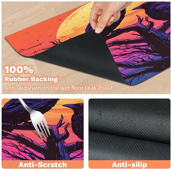Halloween Crow Dog Food Mat for Floors Absorbent, Quick Dry Water Dispenser Mat for Food, Water, Pet Supplies 16" x 24", Full Moon