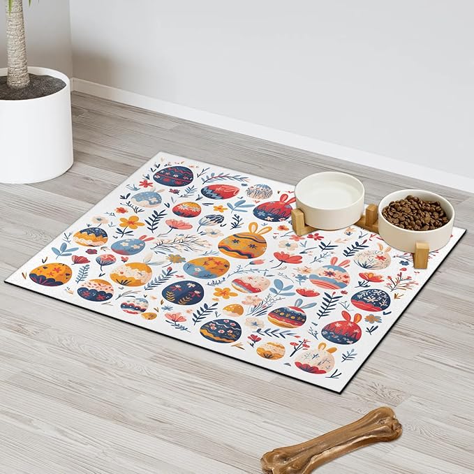 Easter Egg Dog Food Mat for Floors Absorbent Dog Bowl Mat for Food and Water Dispenser Quick Dry Cat Food Placemat Pet Supplies 24" x 32", Spring Flower Leaf