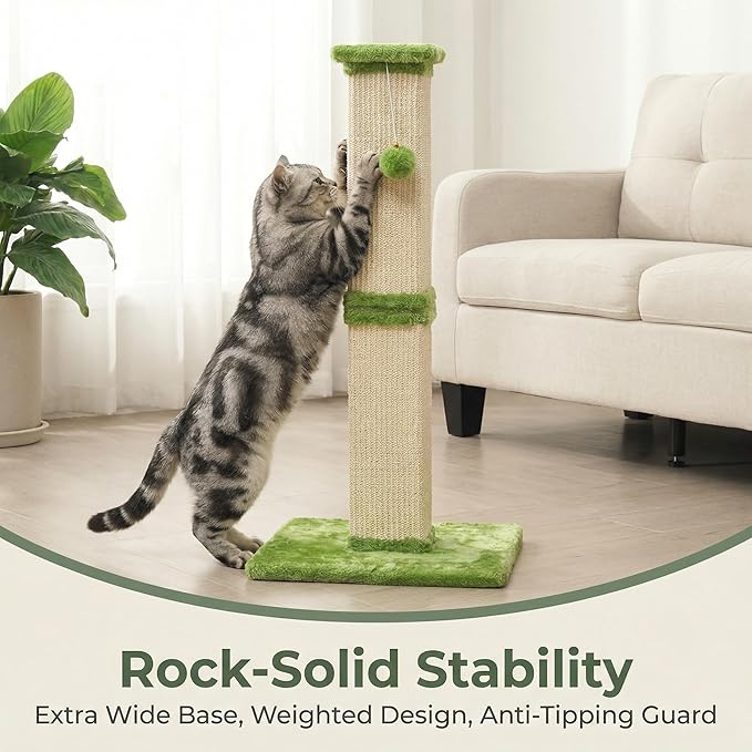 Tall Cat Scratching Post, 32'' Heavy Duty and Thick Scratching Post, Scratching Post for Adult Cats, Thick Sisal Rope with Hanging Ball, Green