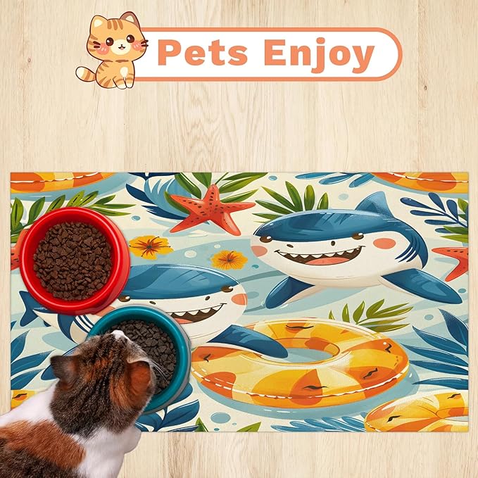 Cute Shark Dog Food Mat for Floors Absorbent Dog Bowl Mat for Food and Water Dispenser Quick Dry Cat Food Placemat Pet Supplies 12" x 20", Ocean