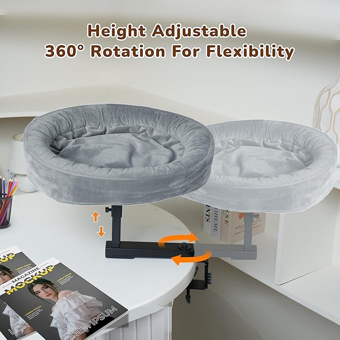 Up to 45LBS Cat Desk Bed - 360° Rotation & Adjustable Height, Pet Perch for Desks with Washable Cushion, Desk Cat Bed Attachment for Various Tables, Gray Cushion