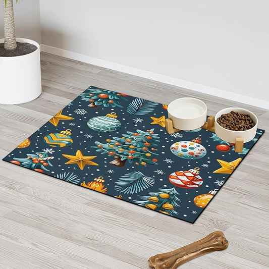 Merry Christmas Dog Food Mat for Floors Absorbent, Quick Dry Water Dispenser Mat for Food, Water, Pet Supplies 24" x 32", Ball Tree