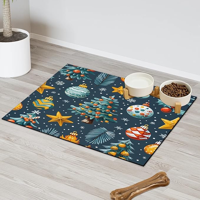 Merry Christmas Dog Food Mat for Floors Absorbent, Quick Dry Water Dispenser Mat for Food, Water, Pet Supplies 16" x 24", Ball Tree