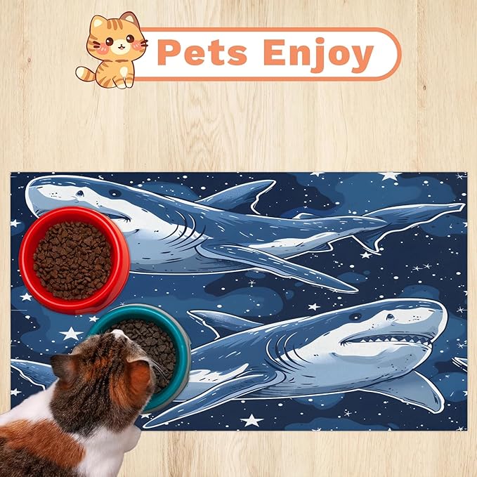 Sharks Dog Food Mat for Floors Absorbent Dog Bowl Mat for Food and Water Dispenser Quick Dry Cat Food Placemat Pet Supplies 12" x 20", Starry Star