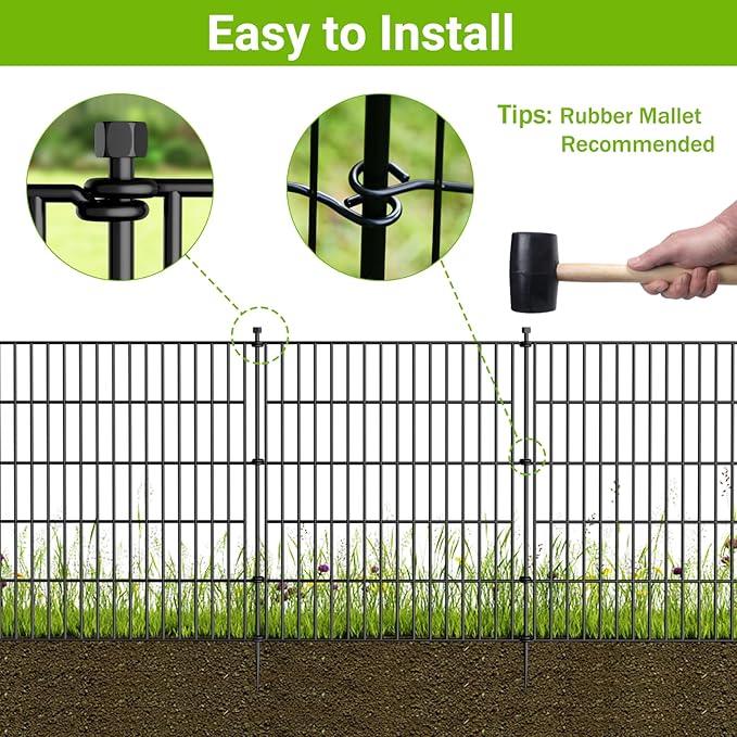 10 Panels No Dig Decorative Outdoor Garden Fence with Gate for Yard, 24 in(H) X 20 ft(L) Animal Barrier Fencing Rustproof Metal Wire Panel Border for Dog, Rabbits, and Patio Temporary Ground Stakes