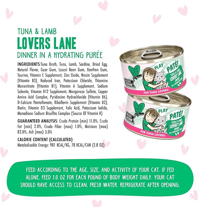 Weruva B.F.F. Play - Best Feline Friend Paté Lovers, Aw Yeah!, Tuna & Lamb Lovers' Lane with Tuna & Lamb, 2.8oz Can (Pack of 12)