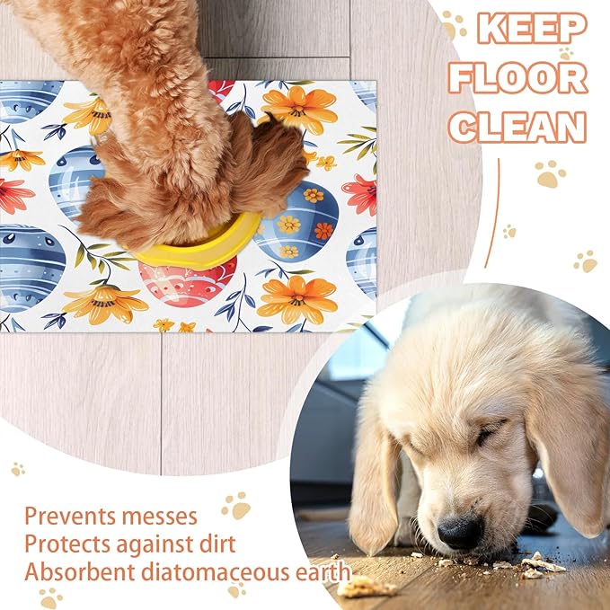 Spring Easter Eggs Dog Food Mat for Floors Absorbent Dog Bowl Mat for Food and Water Dispenser Quick Dry Cat Food Placemat Pet Supplies 24" x 32", Floral